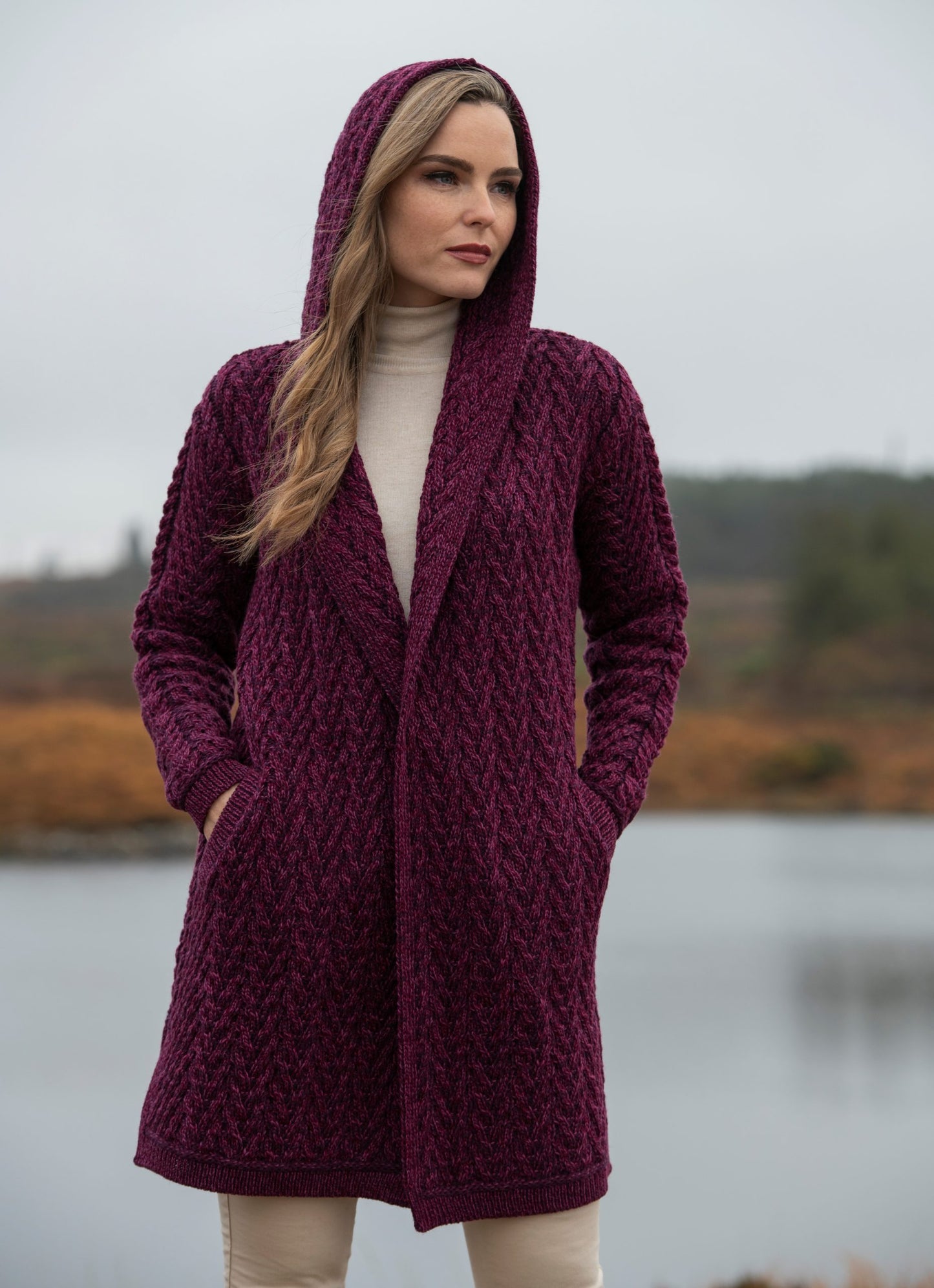 Mayo Shawl Open Cardigan w/ Hood - Purple Marl