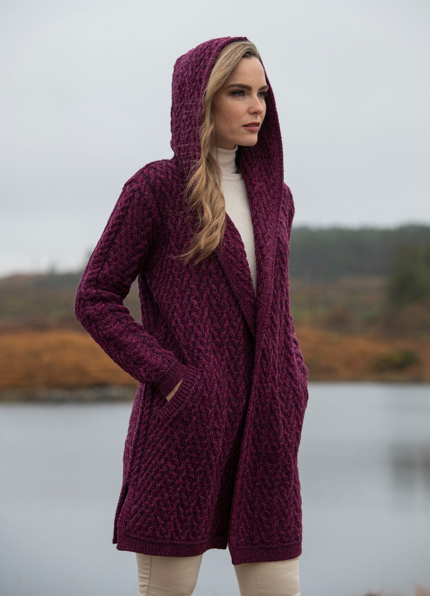 Mayo Shawl Open Cardigan w/ Hood - Purple Marl