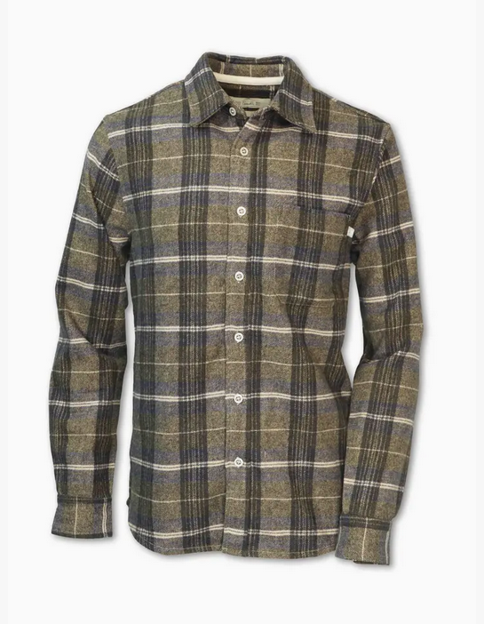Plaid shirt with green, brown, and beige pattern on a white background