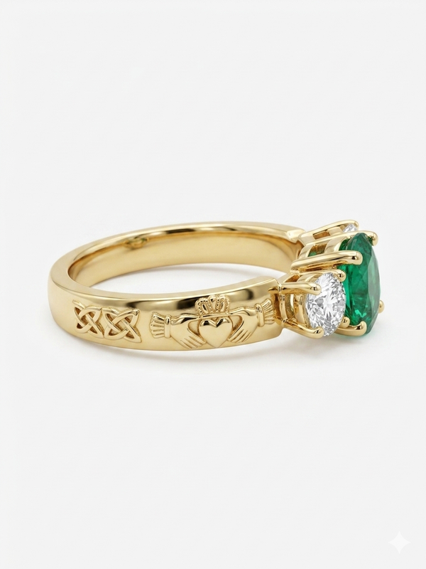 14K Corrib Claddagh Lab Diamond and Emerald Ring