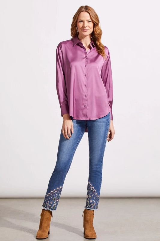 Flowy Satin Button Up Shirt - Grape