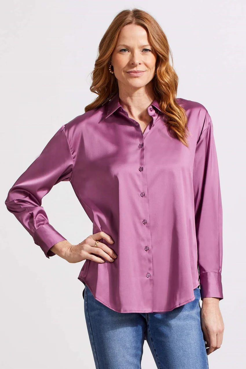 Flowy Satin Button Up Shirt - Grape