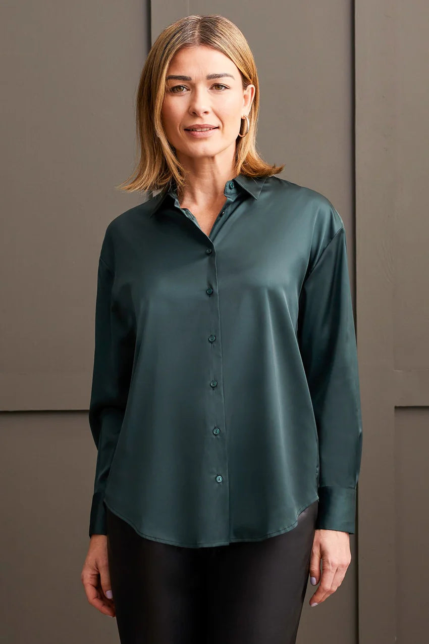 Flowy Satin Button Up Shirt - Alpine Green