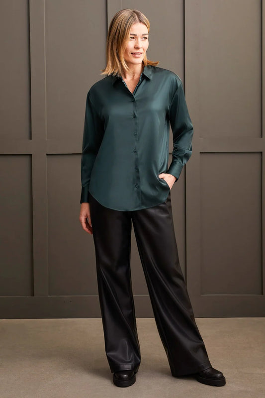 Flowy Satin Button Up Shirt - Alpine Green