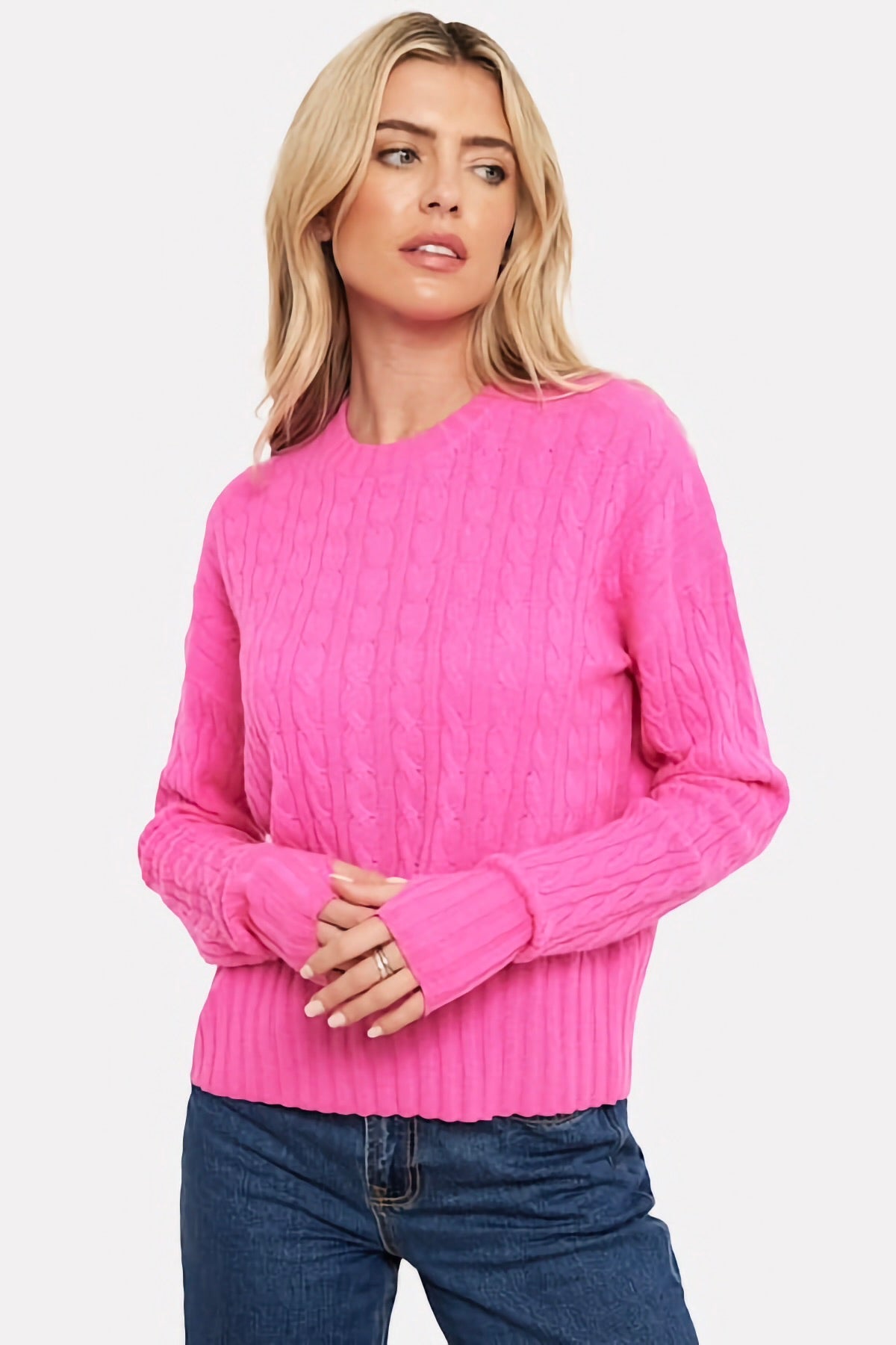 Cathy Cashmere Cable Crew - Diva Pink