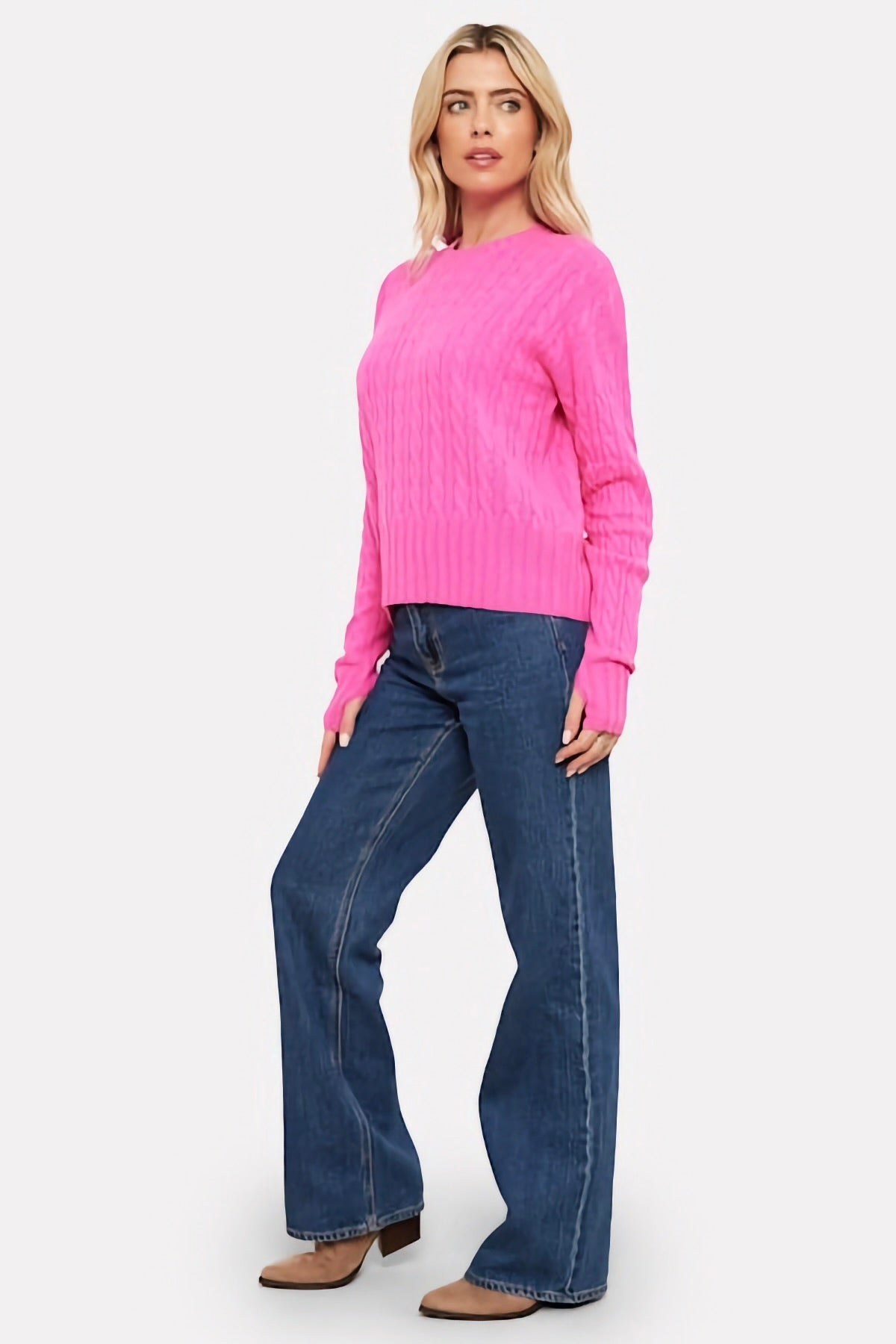 Cathy Cashmere Cable Crew - Diva Pink