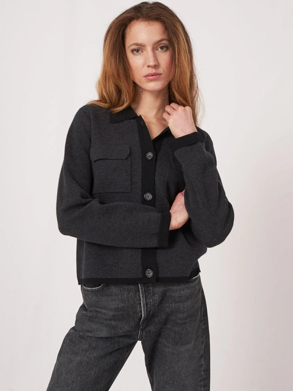 Two Tone Merino Wool Polo Knit Cardigan With Chest Pockets - FINAL SALE