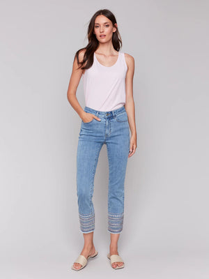 Embroidered Hem Jeans - Light Blue