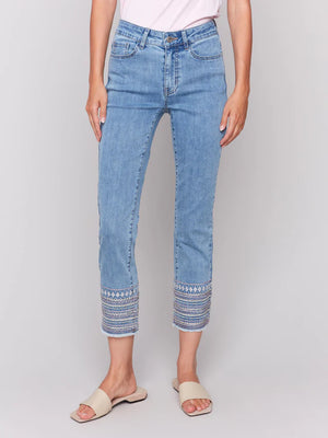 Embroidered Hem Jeans - Light Blue