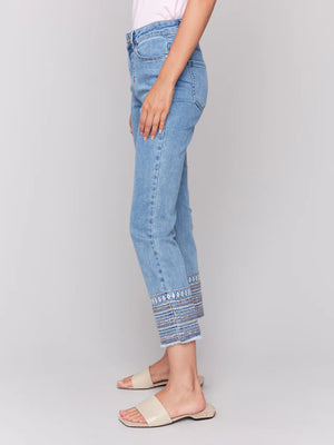 Embroidered Hem Jeans - Light Blue