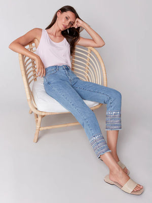 Embroidered Hem Jeans - Light Blue