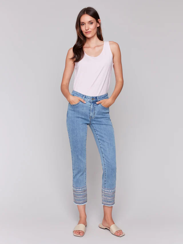 Embroidered Hem Jeans - Light Blue