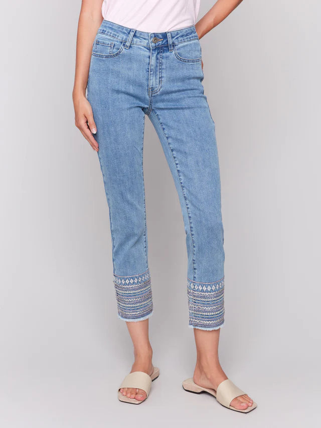 Embroidered Hem Jeans - Light Blue