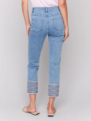 Embroidered Hem Jeans - Light Blue