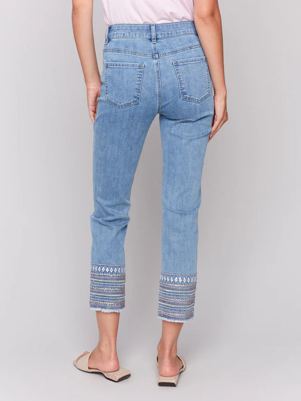 Embroidered Hem Jeans - Light Blue