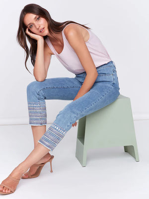 Embroidered Hem Jeans - Light Blue