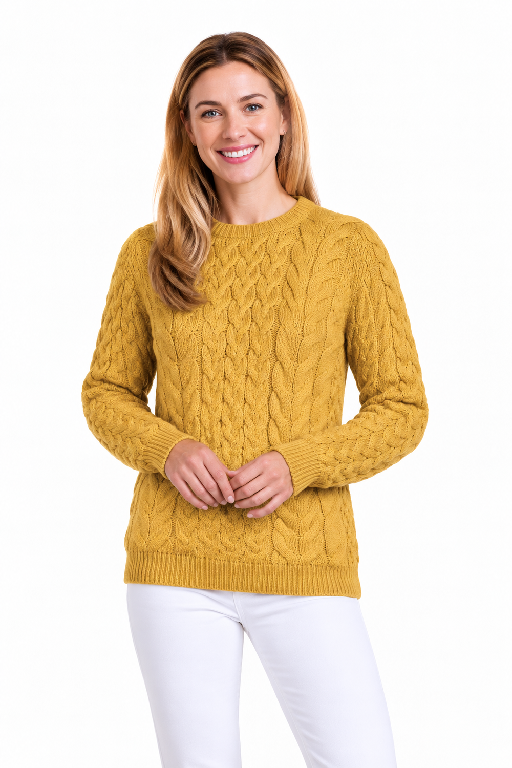 Omey Unisex Cable & Weave Aran Crew - Sunshine