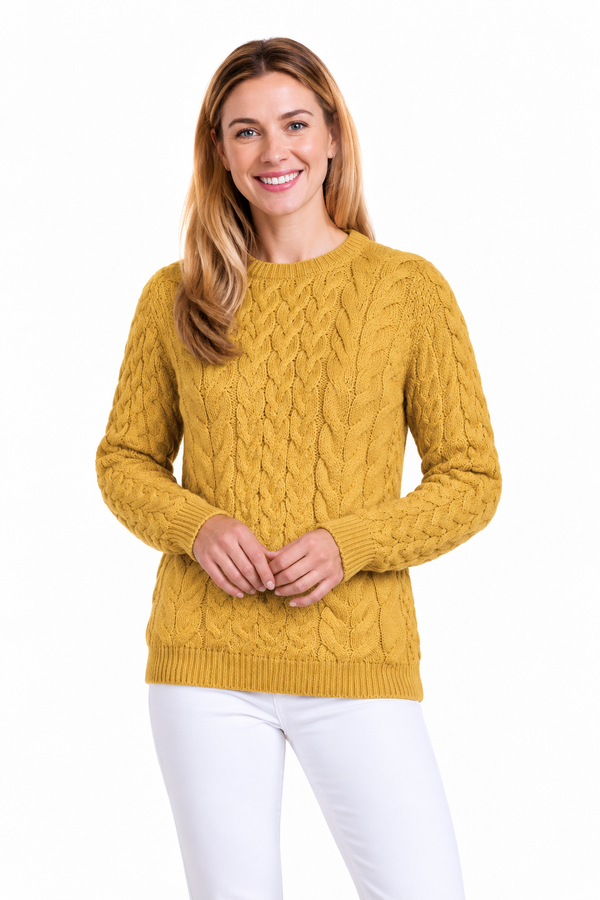 Omey Unisex Cable & Weave Aran Crew - Sunshine