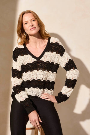 Long Sleeve Swirl Crochet V-Neck Sweater