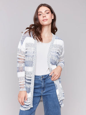 Knee Length Striped Crochet Open Cardigan