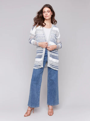 Knee Length Striped Crochet Open Cardigan