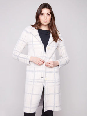 Long Plaid Knit Coatigan -  Ivory