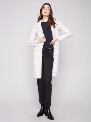 Long Plaid Knit Coatigan -  Ivory