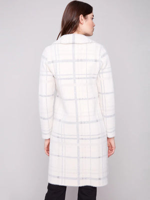 Long Plaid Knit Coatigan -  Ivory