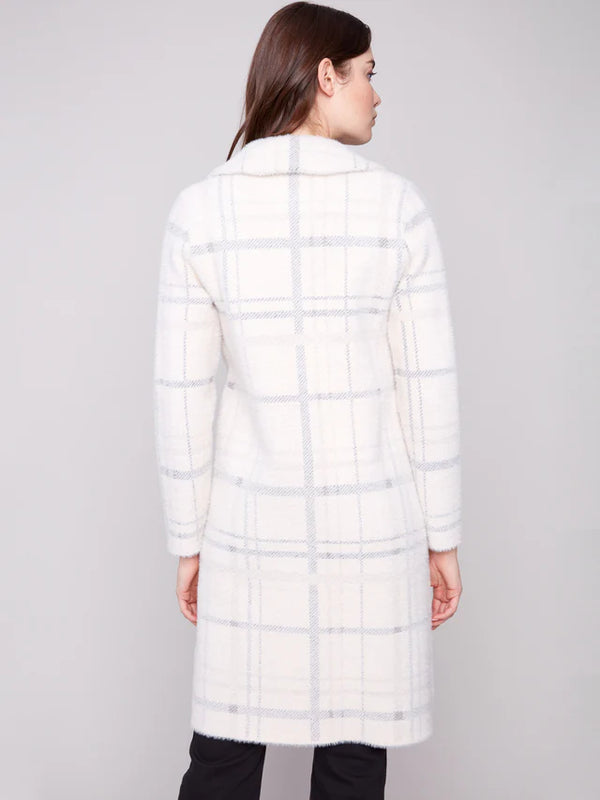 Long Plaid Knit Coatigan -  Ivory