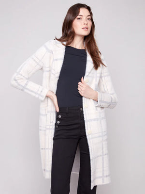 Long Plaid Knit Coatigan -  Ivory