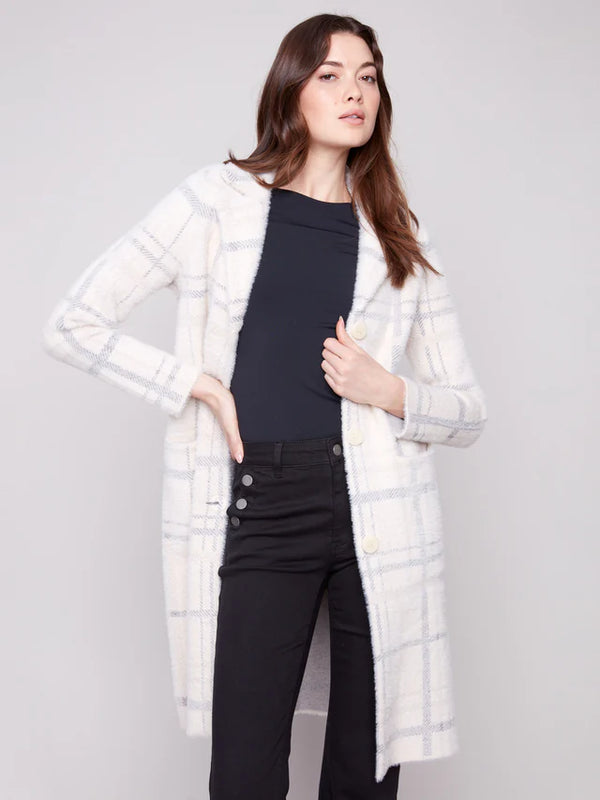 Long Plaid Knit Coatigan -  Ivory