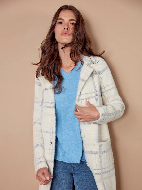 Long Plaid Knit Coatigan -  Ivory