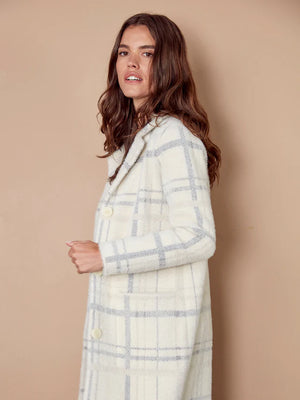 Long Plaid Knit Coatigan -  Ivory