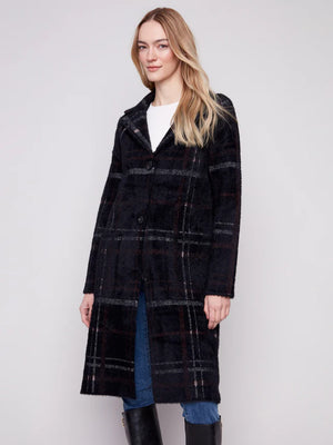 Long Plaid Knit Coatigan -  Mocha