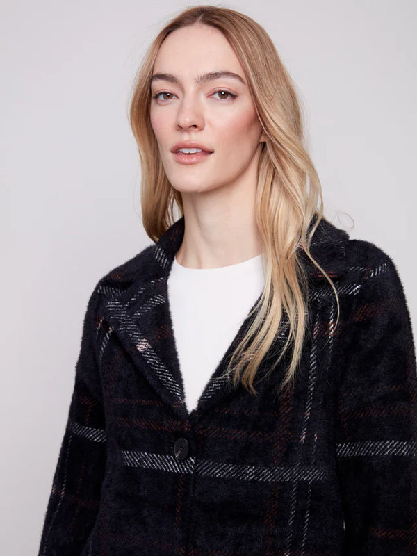 Long Plaid Knit Coatigan -  Mocha