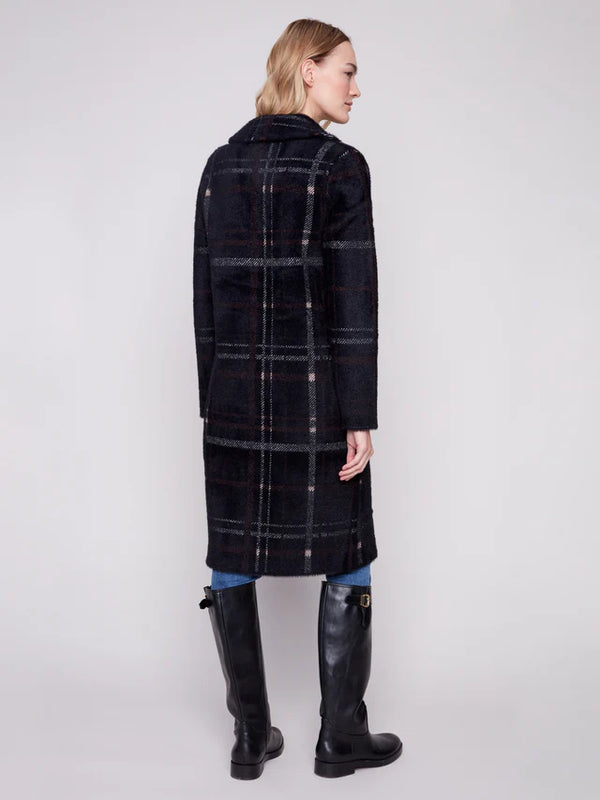 Long Plaid Knit Coatigan -  Mocha