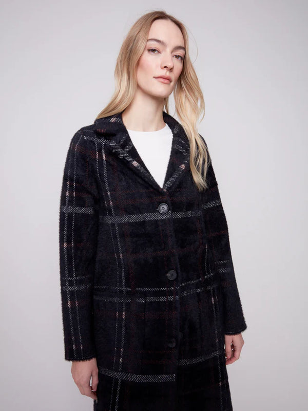 Long Plaid Knit Coatigan -  Mocha