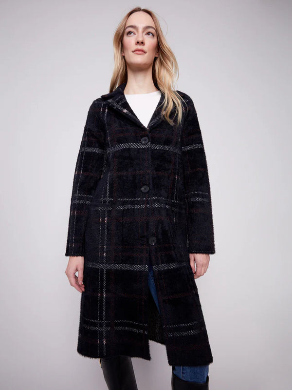 Long Plaid Knit Coatigan -  Mocha