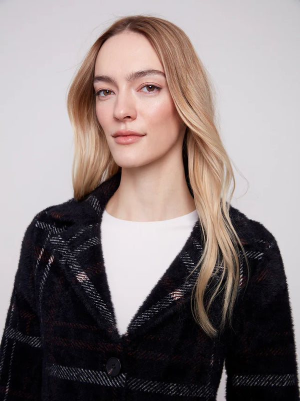 Long Plaid Knit Coatigan -  Mocha
