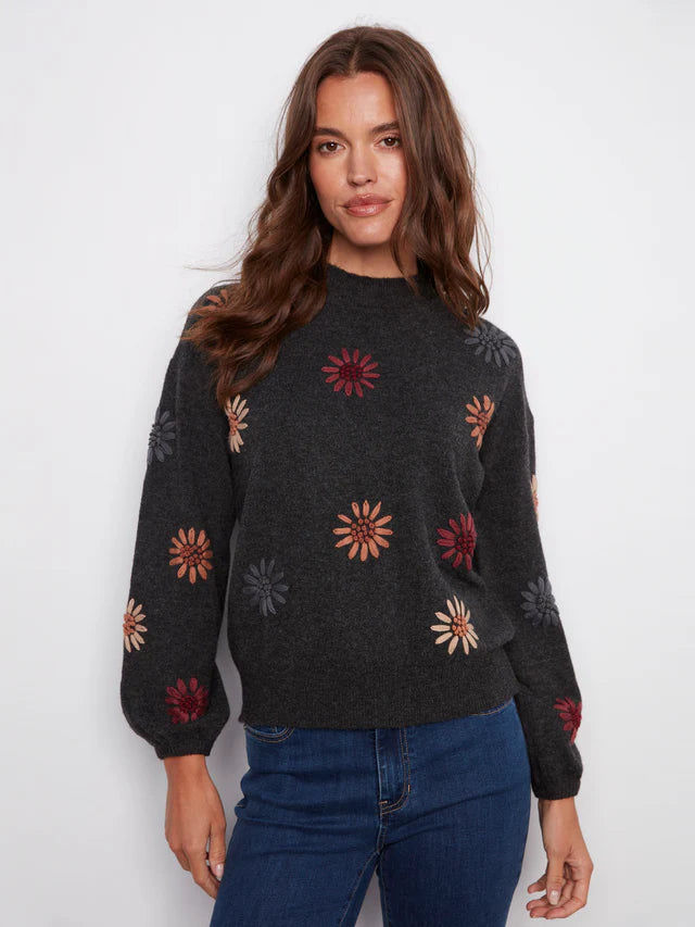 Mock Neck Sweater With Floral Embroidery