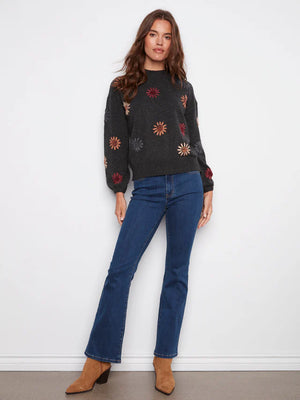 Mock Neck Sweater With Floral Embroidery