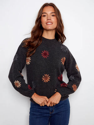 Mock Neck Sweater With Floral Embroidery