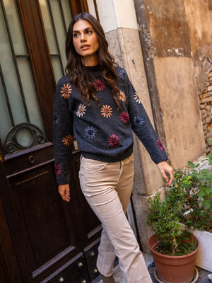 Mock Neck Sweater With Floral Embroidery