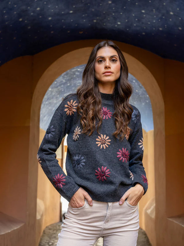 Mock Neck Sweater With Floral Embroidery