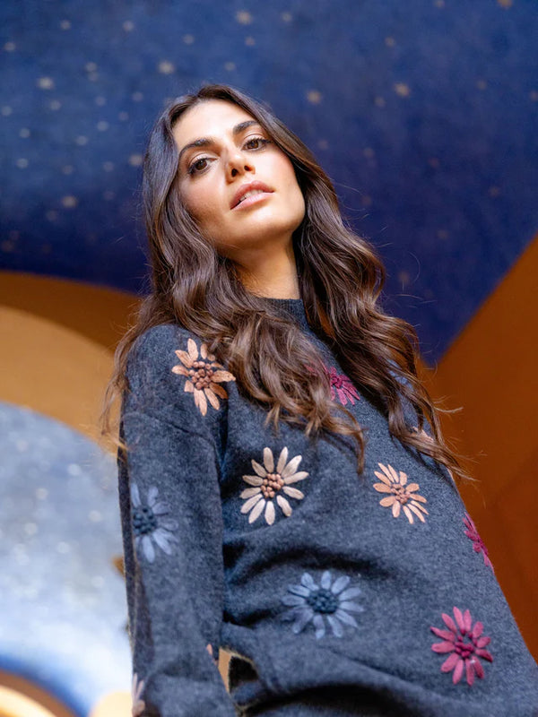Mock Neck Sweater With Floral Embroidery