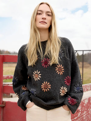 Mock Neck Sweater With Floral Embroidery