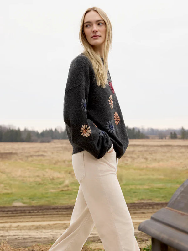 Mock Neck Sweater With Floral Embroidery
