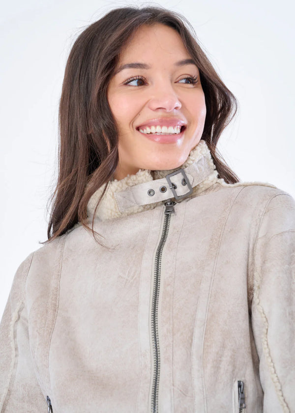 Osha Faux Shearling Distressed Scuba  Sued Biker Jacket