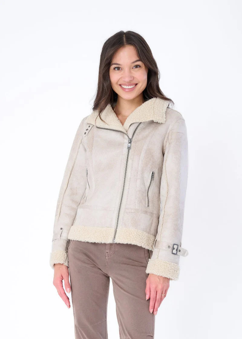 Osha Faux Shearling Distressed Scuba  Sued Biker Jacket