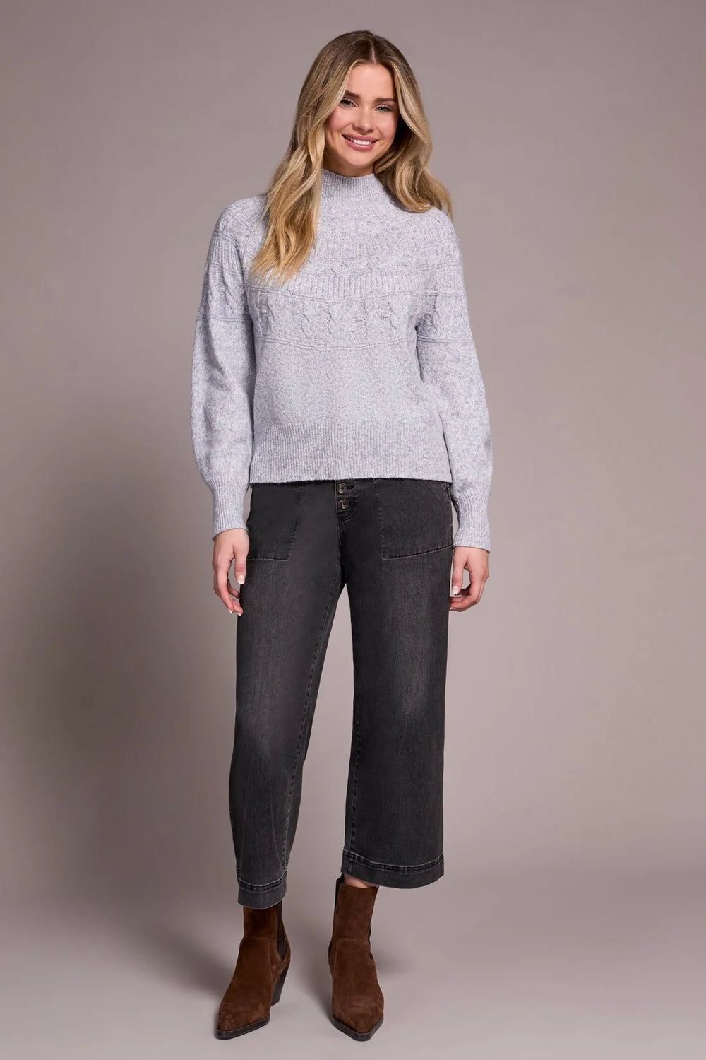 Two Tone Long Sleeve Mock Neck Sweater - Marine